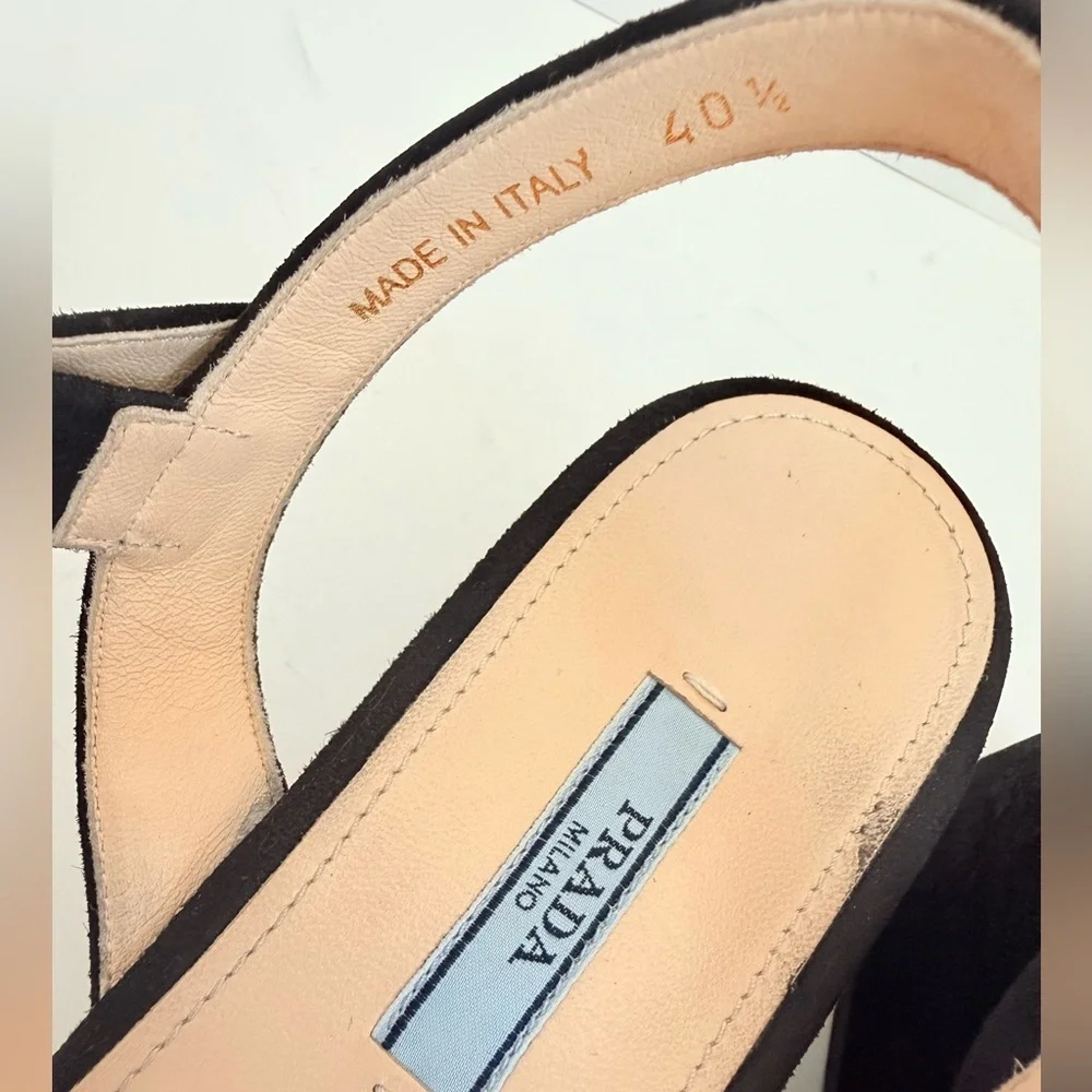 Prada Black Suede leather Wedge peep toe Criss cross sandals EU 40.5